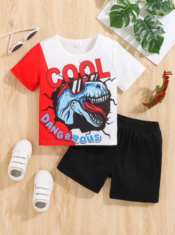 Conjunto casual de 2 piezas para jóvenes: camiseta de manga corta con estampado de dinosaurio y alfabeto