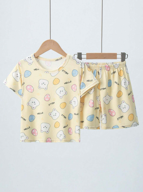 Conjunto de 2 piezas para niña joven con camiseta de manga corta y pantalón corto casual con estampado de dibujos animados