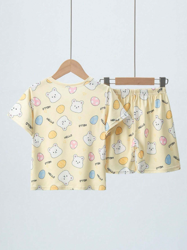 Conjunto de 2 piezas para niña joven con camiseta de manga corta y pantalón corto casual con estampado de dibujos animados